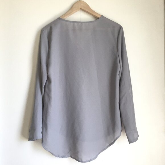 Grey Semi Sheer Lightweight Zip Collar Droptail Hem Blouse - Picture 2 of 16